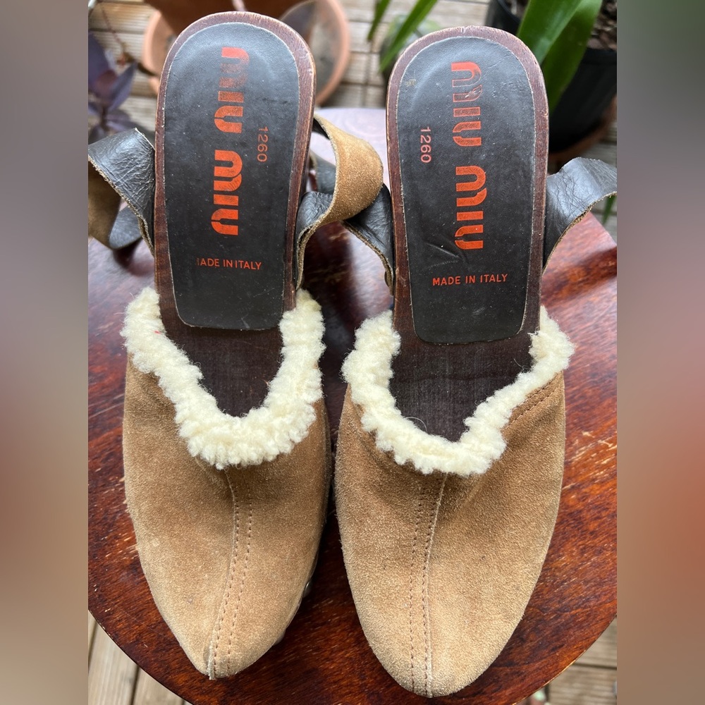 Miu Miu Tan Suede Shearling Clogs